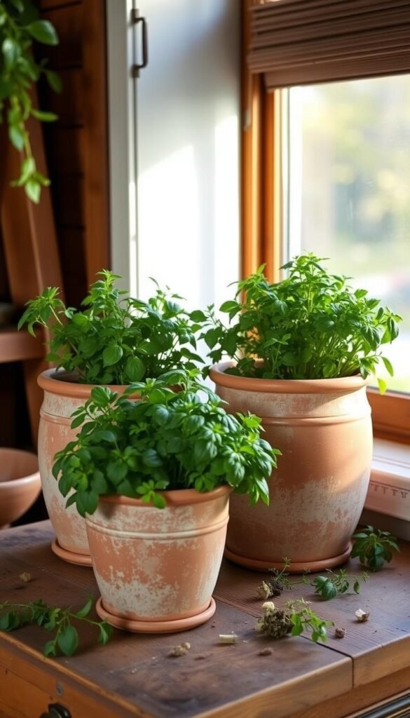 A vintage-inspired indoor herb garden, showcasing a trio of charming terracotta planters filled with lush, verdant foliage. The planters have a weathered, sun-kissed appearance, with subtle variations in tone and texture, evoking a sense of timeless elegance. Soft, diffused lighting filters in through a nearby window, casting a warm, golden glow across the scene. The planters are arranged on a rustic wooden surface, surrounded by a few scattered botanical accents, creating a serene and inviting display. The overall atmosphere exudes a sense of natural, organic harmony, perfectly capturing the essence of a stylish and unique indoor herb garden.