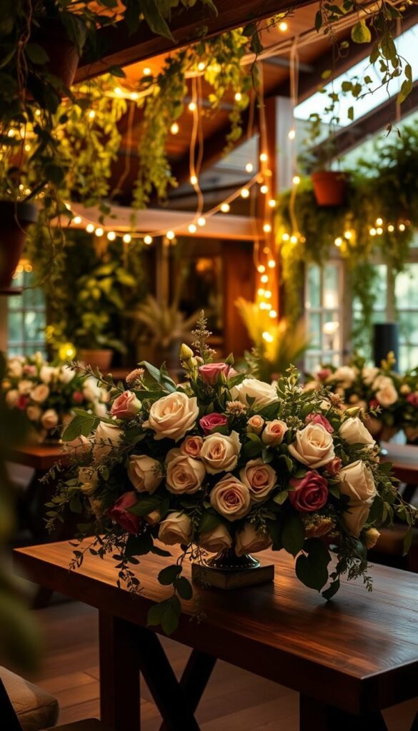 A warm, intimate indoor garden wedding reception setting. Delicate strings of fairy lights gently illuminate lush, overflowing floral arrangements on wooden tables. Soft, diffused lighting casts a romantic glow, accentuating the vibrant colors and textures of the flowers - cascading vines, full blooming roses, and fragrant eucalyptus leaves. The scene is framed by verdant greenery, with potted plants and trailing vines cascading from overhead beams, creating a cozy, enchanted atmosphere. Subtle shadows and highlights add depth and dimension, drawing the viewer's eye to the mesmerizing floral centerpieces. An idyllic, natural setting that transports the senses, perfectly suited for a memorable indoor garden wedding celebration.