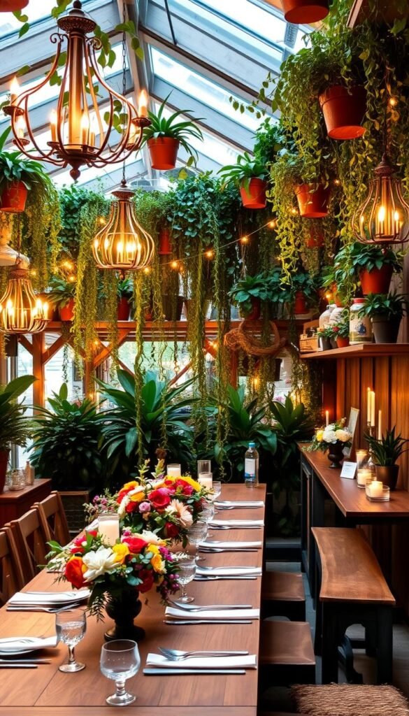 A warm, inviting indoor garden party setting with lush greenery, twinkling string lights, and a cozy, festive atmosphere. In the foreground, a long wooden table adorned with colorful floral arrangements and elegant tableware. Potted plants and trailing vines cascade from shelves and hanging fixtures, creating a natural, lush backdrop. Warm, soft lighting from chandeliers and candles casts a golden glow, highlighting the textures of the wood, plants, and textiles. The overall mood is one of relaxed sophistication, blending the beauty of the outdoors with the comforts of an intimate, indoor gathering.