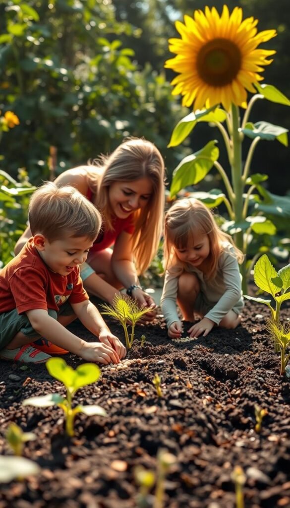 A warm, sun-dappled scene of a family planting sunflower seeds in a lush garden. In the foreground, two children, a boy and a girl, carefully press handfuls of seeds into the rich, dark soil, their faces alight with excitement. Behind them, a parent or teacher guides their hands, offering gentle instruction. The midground is filled with verdant foliage and the emerging sprouts of past plantings. In the background, a towering, golden sunflower stands tall, its cheerful blooms swaying in the soft breeze. The lighting is soft and natural, casting a gentle glow over the entire scene. The overall mood is one of joyful learning, connection with nature, and the wonder of new growth.
