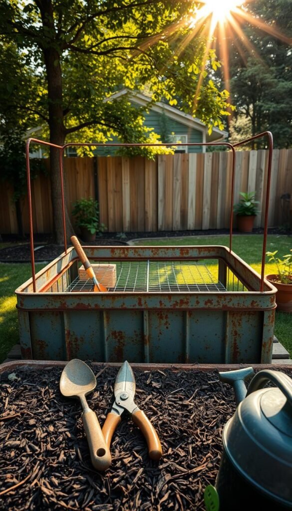 A weathered metal garden bed, its surface dotted with rust spots, stands in a lush, verdant backyard. Sunlight filters through a canopy of trees, casting a warm, golden glow on the scene. In the foreground, gardening tools - a trowel, pruning shears, and a watering can - lie atop a layer of mulch, hinting at the ongoing maintenance required. The middle ground reveals the bed's intricate structure, with its sturdy metal frame and raised sides, designed to provide optimal drainage and easy access. In the background, a wooden fence and a few potted plants frame the scene, creating a harmonious and naturalistic composition.