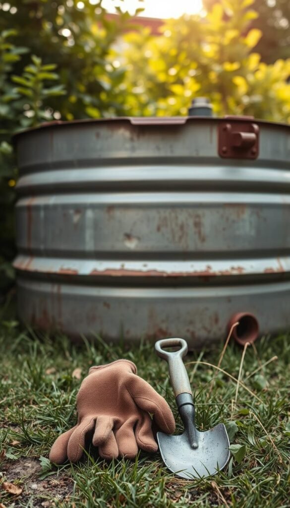 A weathered metal stock tank rests on a grassy surface, its rough edges and dented walls suggesting its resilience. In the foreground, a pair of sturdy work gloves, a trowel, and a small gardening shovel are neatly arranged, hinting at the upcoming task of preparing the bed. Diffused natural light filters through the scene, casting soft shadows and lending an earthy, rustic ambiance. The tank's muted tones complement the lush, verdant backdrop, creating a harmonious, inviting composition that captures the essence of urban gardening.