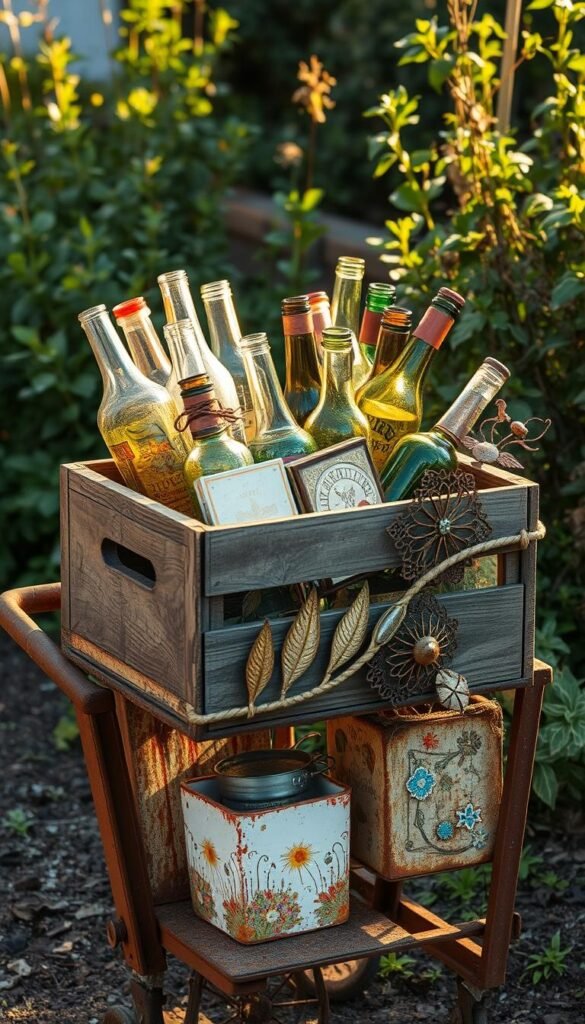 A weathered wooden crate sits atop a rusty metal garden cart, brimming with an eclectic mix of repurposed items. Vintage glass bottles, vibrant ceramic tiles, and whimsical metal trinkets spill out, creating a visually captivating tableau. The afternoon sun casts a warm, golden glow, illuminating the textured surfaces and bringing the upcycled pieces to life. In the background, a lush, verdant garden provides a natural, earthy backdrop, hinting at the outdoor setting where this unique garden decor will be displayed. The overall composition exudes a sense of playful creativity and a celebration of found objects transformed into charming, one-of-a-kind garden art.