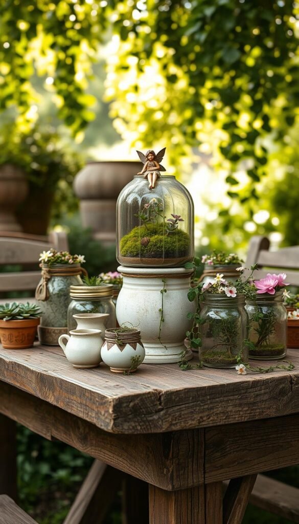 A weathered wooden garden table, adorned with an assortment of vintage ceramic and glass containers. The centerpiece, a mossy terrarium with a delicate fairy figurine perched atop, surrounded by a collection of aged mason jars, each housing a miniature fairy garden. Cascading vines and delicate blooms spill over the rim, creating a enchanting, timeless scene. Soft, natural lighting filters through a canopy of lush foliage, casting a warm, dreamy glow. The overall aesthetic evokes a sense of whimsy and nostalgia, inviting the viewer to step into this enchanting fairy world.