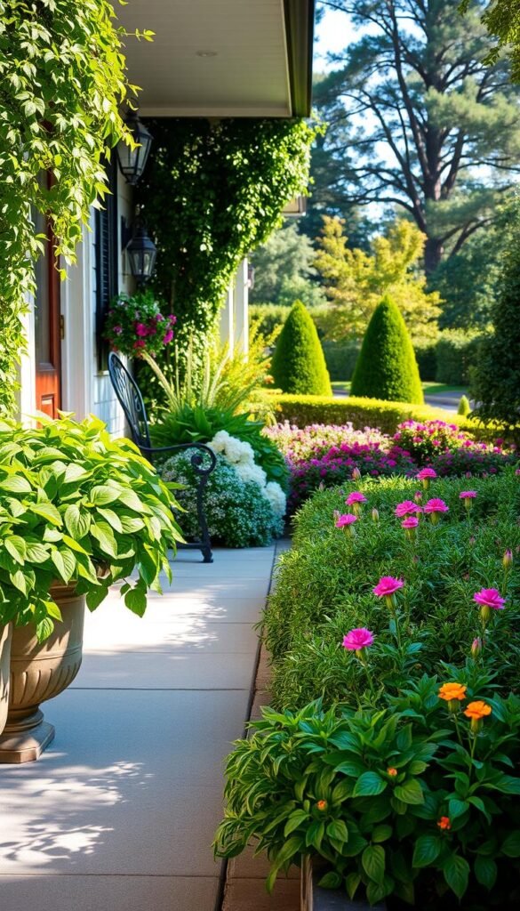 A welcoming front entrance adorned with an array of lush, thriving plants. In the foreground, a selection of verdant foliage spills over ornate planters, casting gentle shadows on the inviting porch. The midground features a variety of colorful blooms, their petals gently swaying in a soft, natural light. The background showcases a beautifully landscaped garden, with towering trees and meticulously groomed shrubs, creating a sense of depth and tranquility. The overall scene exudes a warm, inviting atmosphere, promising a delightful first impression for any visitor.