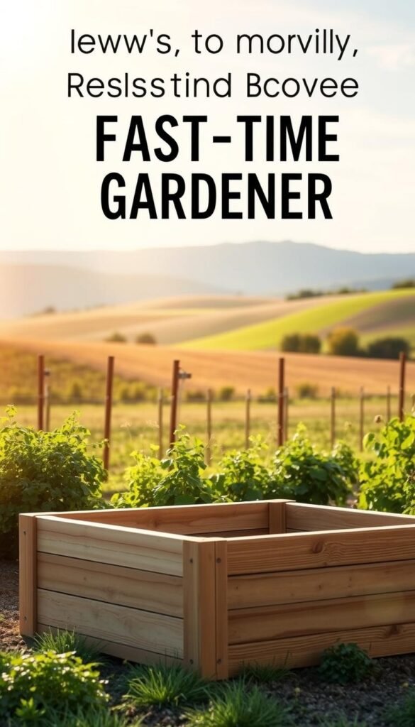 A well-crafted, easy-to-build raised garden bed set against a warm, sun-dappled backdrop. The bed's sturdy wooden frame stands in the foreground, its clean lines and natural finish inviting gardeners to start planting. In the middle ground, lush vegetation surrounds the bed, hinting at the bountiful growth to come. The background features a serene, pastoral scene with rolling hills and a clear blue sky, conveying a sense of tranquility and possibility. Diffused natural lighting casts a soft, golden glow over the entire composition, creating a welcoming and inspirational atmosphere for the first-time gardener.