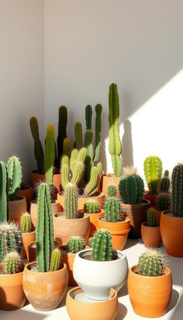 A well-curated selection of potted cacti in a sun-drenched, minimalist interior. In the foreground, a variety of terracotta and ceramic containers in earthy tones and geometric silhouettes, each housing a distinct cactus species. The middle ground features a mix of small, medium, and tall cacti, their spiny textures and verdant hues contrasting against the clean, white walls. Warm, directional lighting casts dramatic shadows, accentuating the sculptural forms. The overall atmosphere is one of calm contemplation, inviting the viewer to envision how these hardy, low-maintenance plants could be artfully integrated into a cohesive indoor cactus garden design.