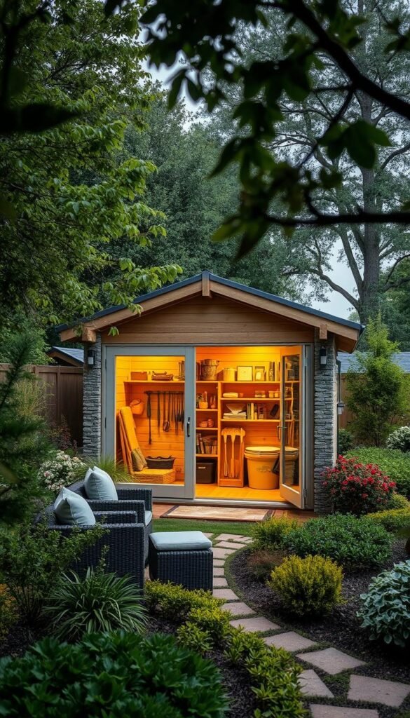 A well-designed and functional garden shed nestled amid lush greenery, with a modern yet rustic aesthetic. The shed features clean lines, a pitched roof, and a blend of natural materials like wood and stone. Soft, warm lighting emanates from within, casting a cozy glow. The foreground showcases a small seating area with comfortable outdoor furniture, inviting relaxation. In the middle ground, neatly organized gardening tools and supplies are visible through large windows, highlighting the shed's practical purpose. The background is filled with a harmonious mix of mature trees, vibrant shrubs, and a meandering pathway, creating a serene and inviting atmosphere.