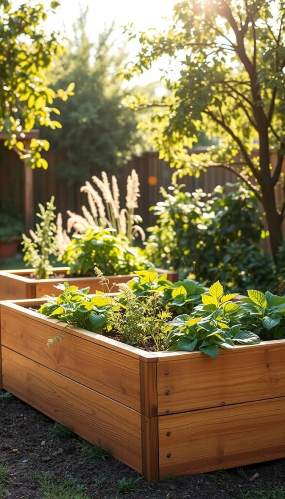 A well-designed ergonomic raised garden bed with gently sloping sides and a comfortable seating height, situated in a peaceful, sun-dappled backyard. The bed is constructed from warm, weathered wood, its surface adorned with healthy, thriving plants and vegetables. Soft, diffused lighting filters through lush foliage, creating a serene, inviting atmosphere. The camera angles capture the bed's thoughtful layout, showcasing its accessibility and user-friendly design, perfect for effortless, organized planting.