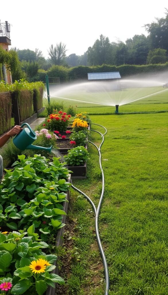 A well-designed garden with lush greenery and colorful flowers. In the foreground, a person crouches beside a vegetable patch, carefully watering each plant with a long-spouted watering can. The middle ground features a neatly organized drip irrigation system, with hoses snaking between the raised garden beds. In the background, a modern sprinkler system covers a broad expanse of grass, delivering water efficiently and evenly. Soft, diffused sunlight filters through wispy clouds, creating a tranquil, serene atmosphere. The scene showcases a harmonious blend of manual and automated watering techniques, highlighting the practical and eco-friendly ways to maintain a thriving, water-efficient garden.
