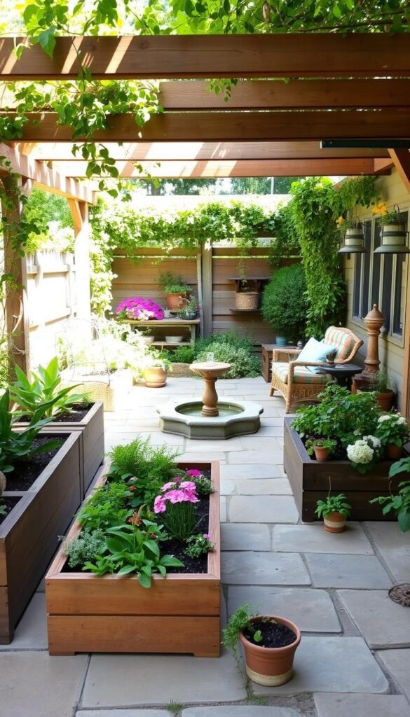 A well-designed outdoor space with a mix of lush greenery, rustic accents, and cozy seating areas. A wooden pergola frames the scene, casting warm, natural light over a stone patio. Raised garden beds line the perimeter, overflowing with vibrant flowers and herbs. A central water feature, perhaps a small fountain or pond, adds a soothing ambiance. Scattered around are charming DIY garden decor pieces, such as repurposed furniture and handcrafted planters. The overall atmosphere is inviting, relaxing, and bursting with inspiration for a budget-friendly, DIY-friendly outdoor transformation.