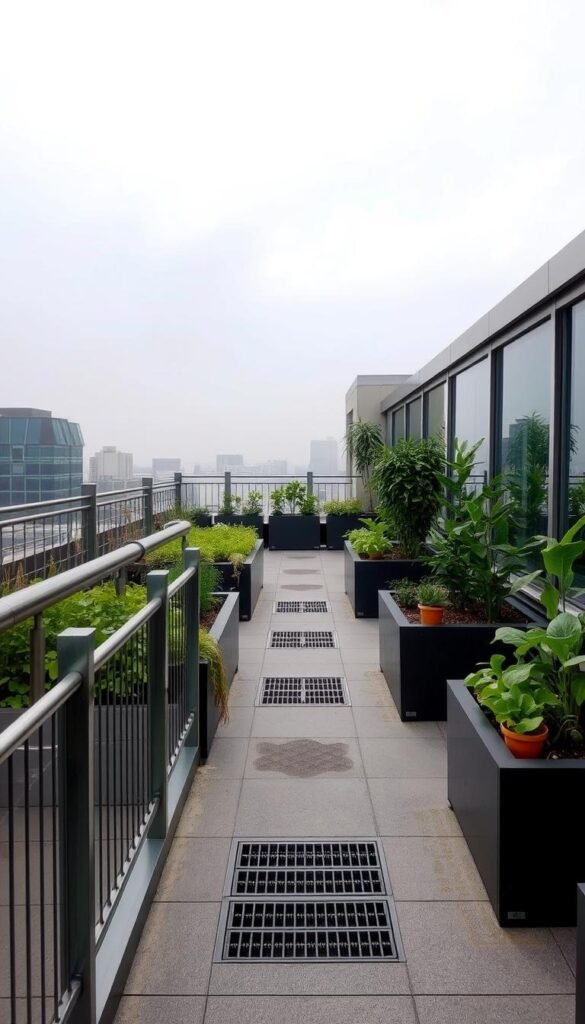 A well-designed rooftop garden with sturdy safety barriers and efficient drainage systems. In the foreground, modern metal railings and tempered glass panels create a secure perimeter, allowing unobstructed views. The middle ground features a series of raised plant beds, their edges lined with sleek, weatherproof materials. Underfoot, a subtly textured surface gently slopes towards strategically placed drainage grates, ensuring rainwater is swiftly channeled away. Overhead, the scene is bathed in soft, natural lighting, casting a warm, inviting glow across the carefully curated space. The overall atmosphere is one of both functionality and aesthetic harmony, creating a safe, productive, and visually appealing rooftop oasis.