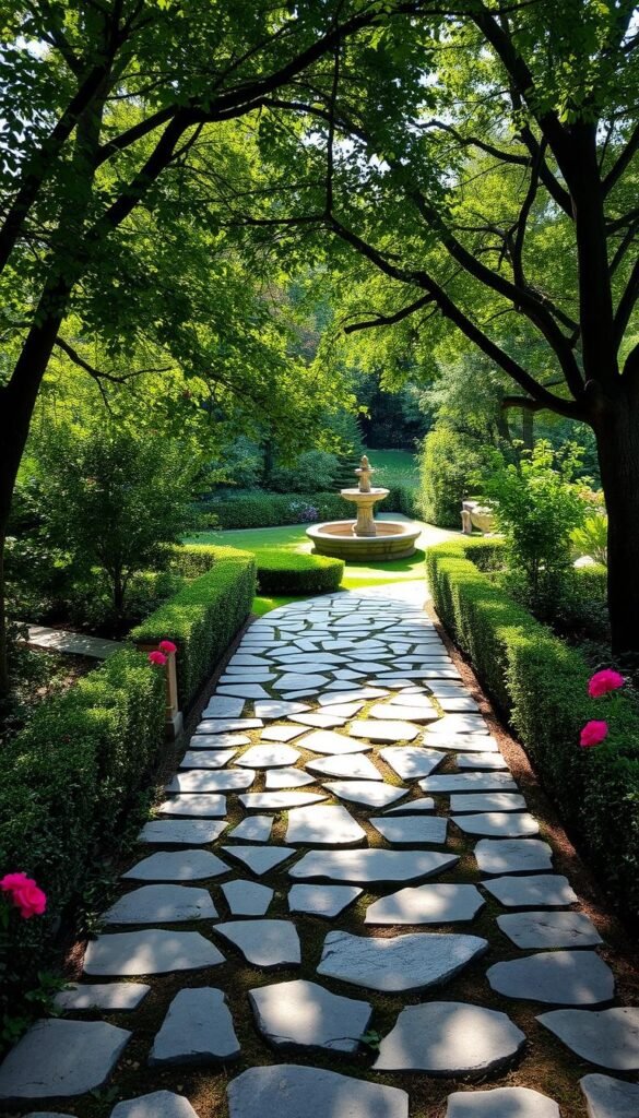 A well-designed stone walkway, leading through a lush, verdant garden. The pathway is constructed with irregular, weathered stones, creating a natural, meandering flow. Dappled sunlight filters through the canopy of mature trees, casting a warm, organic glow across the scene. Bordering the walkway, vibrant flowering plants and neatly trimmed hedges add pops of color and texture, framing the path. In the distance, a serene water feature reflects the tranquil atmosphere. The overall composition evokes a sense of harmony, inviting the viewer to slow down and immerse themselves in the serene outdoor oasis.
