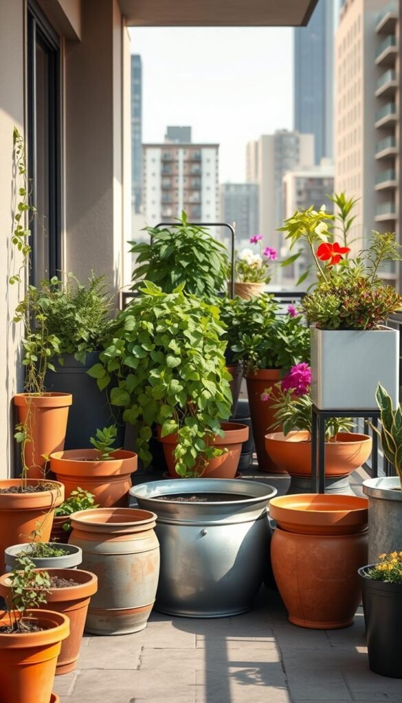 A well-lit balcony scene showcasing an assortment of versatile containers and planters for a flourishing urban garden. In the foreground, a mix of terracotta pots, galvanized metal tubs, and sleek modular planters in various shapes and sizes are arranged neatly. The middle ground features trailing vines, leafy greens, and vibrant flowers cascading from the containers, creating a lush, inviting atmosphere. The background depicts a minimalist cityscape with towering buildings, reflecting the containers' ability to thrive in compact spaces. The lighting is warm and natural, casting gentle shadows and highlighting the organic textures of the plants and vessels. The overall composition conveys a sense of harmony between urban living and bountiful greenery.