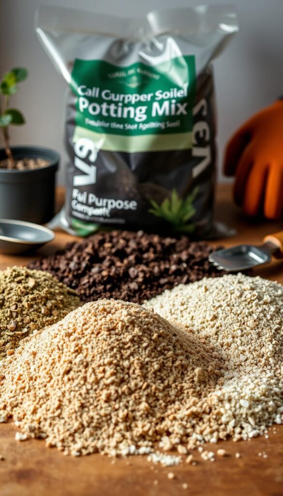 A well-lit, close-up photograph of a variety of potting mix ingredients arranged on a wooden table. In the foreground, an assortment of natural materials like peat moss, compost, vermiculite, and perlite are neatly piled. The middle ground showcases a bag of all-purpose potting soil, its contents spilled out to reveal the rich, dark texture. In the background, a few small gardening tools, such as a trowel and gardening gloves, create a sense of a functional gardening setup. The lighting is soft and diffused, casting gentle shadows that accentuate the organic textures of the materials. The overall scene conveys a sense of preparation and attention to detail for an indoor kitchen garden.