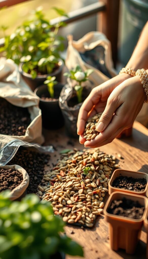 A well-lit, close-up shot of a gardener's hands carefully selecting a variety of vegetable and herb seeds, arranging them on a table alongside bags of rich, dark potting soil and small plant containers. The scene exudes a sense of anticipation and attention to detail, as if preparing for a bountiful and rapid gardening project. The background is blurred, allowing the foreground focus on the seeds and soil. Warm, natural lighting casts a soft glow, creating an inviting, nurturing atmosphere.