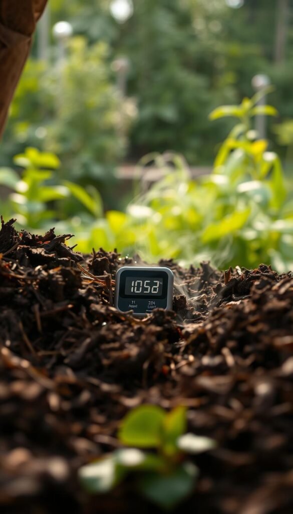 A well-lit, close-up view of a compost pile, revealing the inner layers and dynamics. The foreground showcases the rich, dark brown compost with visible moisture, steam gently rising. The middle ground features a digital temperature and moisture sensor, providing real-time readouts. The background depicts a lush, verdant garden setting, conveying the natural, sustainable context. Soft, diffused lighting casts a warm, earthy glow, emphasizing the vital processes at work. The overall composition highlights the importance of carefully monitoring and maintaining the compost's ideal moisture and temperature for optimal decomposition and nutrient-rich soil creation.