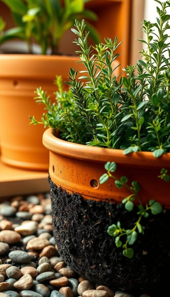 A well-lit, close-up view of a potted herb garden. In the foreground, a clay pot filled with lush, thriving herbs such as rosemary, thyme, and oregano. The soil is dark and rich, with visible drainage holes at the base. Scattered around the pot, small pebbles or river rocks create an attractive, functional drainage layer. The middle ground shows the container's exterior, with a textured, terracotta surface. In the background, a warm, natural-lit setting, perhaps a windowsill or shelving unit, creates a cozy, domestic atmosphere. The lighting is soft and even, highlighting the vibrant greens of the herbs and the earthy tones of the pot. The overall composition emphasizes the importance of proper drainage for healthy, thriving container herb gardens.