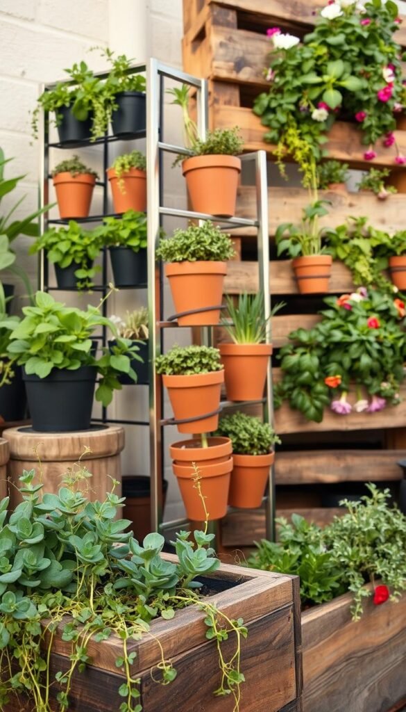 A well-lit, close-up view of an assortment of handmade vertical planters, showcasing a variety of repurposed and upcycled materials. In the foreground, a wooden planter box with cascading succulents and trailing vines. In the middle ground, a sleek metal frame holding staggered terra cotta pots, each housing lush greenery. In the background, a rustic pallet-based vertical garden, overflowing with vibrant flowers and herbs. The overall scene conveys a sense of creativity, eco-consciousness, and a harmonious blend of natural and industrial elements. The lighting is soft and natural, highlighting the textures and colors of the different planter materials.