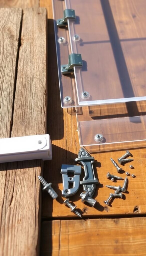 A well-lit, crisp close-up shot of an assortment of DIY cold frame materials, including weathered wooden planks, clear acrylic or polycarbonate sheets, hinges, screws, and other hardware. The materials are arranged neatly on a rustic wooden surface, casting soft shadows and conveying a sense of functionality and practicality. The lighting is natural, with warm tones accentuating the textures and colors of the materials. The overall composition is balanced and inviting, highlighting the key components needed to build a sturdy, customizable cold frame for year-round gardening.