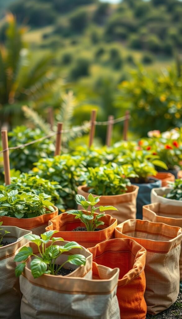 A well-lit, crisp overhead view of a garden bed filled with lush, vibrant fabric planter bags in various earth-toned colors. The bags are neatly arranged, revealing their sturdy, breathable construction and raised design that optimizes drainage and airflow. The foreground showcases a few small potted plants thriving in the fabric containers, while the background features a blurred, natural landscape with abundant greenery and a warm, diffused lighting that creates a serene, inviting atmosphere. The image conveys a sense of cost-effective, space-saving, and eco-friendly container gardening.