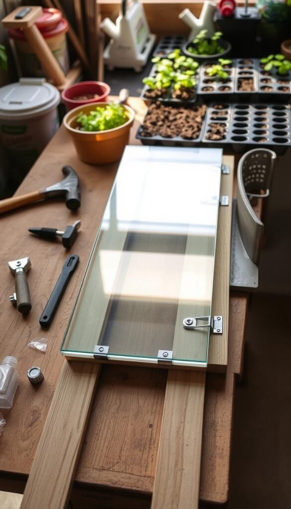 A well-lit, detailed scene of common DIY cold frame materials arranged neatly on a wooden workbench. In the foreground, a clear glass or transparent plastic sheet, wooden boards, and hinges. In the middle ground, gardening tools like a hammer, screwdriver, and saw. In the background, potting soil, seedling trays, and other gardening supplies. The lighting is natural and diffused, creating soft shadows that accentuate the textures of the materials. The overall atmosphere is one of organization, simplicity, and practicality, reflecting the straightforward steps of building a cold frame.