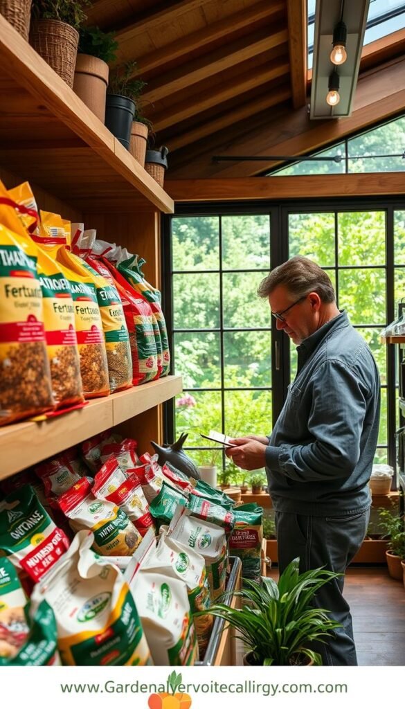 A well-lit garden center display with various bags of organic and chemical fertilizers arranged neatly on wooden shelves. The foreground showcases a selection of fertilizer options, including slow-release granules, liquid concentrates, and natural compost mixes. The middle ground features a knowledgeable gardener closely examining a bag, considering the nutrient composition and application instructions. The background depicts a lush, verdant garden through a large window, inviting the viewer to imagine the potential transformation of their own outdoor space.