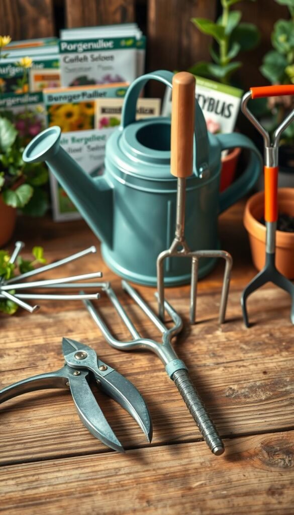 A well-lit, high-angle close-up shot of a collection of essential gardening tools for raised garden beds, arranged neatly on a wooden surface. The foreground features a pair of pruning shears, a trowel, and a garden fork, their metal surfaces gleaming. In the middle ground, a watering can and a small hand cultivator stand upright, their shapes casting soft shadows. The background showcases a variety of seed packets and a small terracotta pot, hinting at the broader context of a thriving cut flower garden. The lighting is natural and diffused, creating a warm, inviting atmosphere that emphasizes the practical yet beautiful nature of these essential gardening tools.