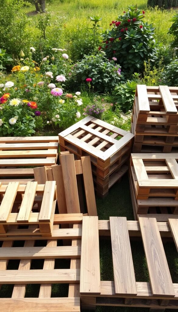 A well-lit, high-angle photograph of an assortment of wooden pallets in a garden setting. The pallets are arranged neatly, showcasing their sturdy construction and natural, weathered appearance. The foreground features a selection of the pallets, their slats and beams visible in detail. The middle ground includes a few additional pallets, arranged in a complementary layout. The background depicts a lush, verdant garden backdrop, with flowers, shrubs, and greenery providing a tranquil, organic setting. The image conveys a sense of sustainability, upcycling, and the thoughtful selection of materials for a successful garden project.