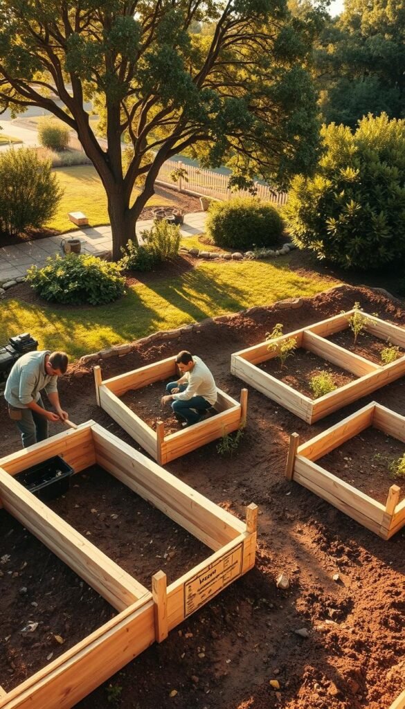 A well-lit, high-angle view of a backyard garden setting, showcasing the construction of raised garden beds. In the foreground, two workers are assembling wooden frames, meticulously fitting the boards together. The middle ground features partially completed beds, their sturdy structures rising from the soil. In the background, a lush, verdant landscape with mature trees and shrubs provides a natural backdrop. Warm, golden sunlight filters through, casting gentle shadows and highlighting the textures of the wood and soil. The scene conveys a sense of productivity, practicality, and a connection to the natural world.