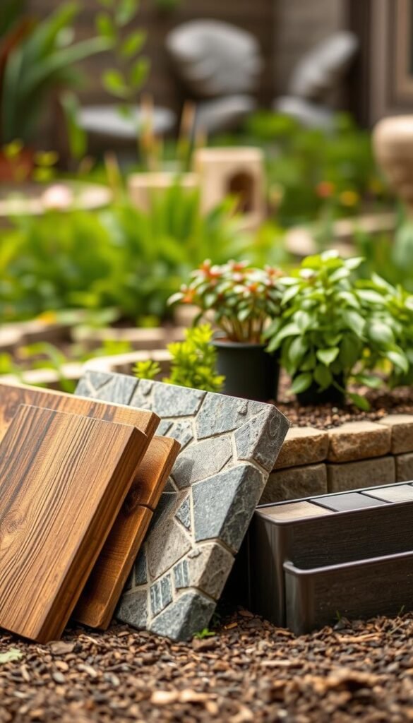 A well-lit, high-resolution close-up of various decorative raised bed materials neatly arranged in a natural, earthy setting. In the foreground, a selection of wooden planks, stone pavers, and metal edging materials, each with distinct textures and finishes. In the middle ground, a few potted plants and natural foliage provide a lush, organic backdrop. The background features a blurred, out-of-focus natural landscape, such as a garden or backyard, to create a sense of depth and context. The overall composition emphasizes the visual appeal and versatility of the raised bed materials, inviting the viewer to consider how they might elevate the design of a backyard focal point.