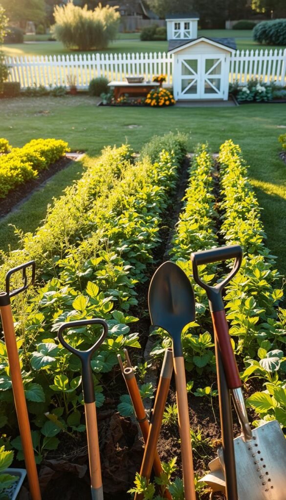 A well-lit, high-resolution comparison of various weed control methods in a lush, vibrant garden setting. In the foreground, an array of hand tools such as hoes, cultivators, and trowels stand ready. In the middle ground, rows of healthy plants are interspersed with patches of weeds, showcasing the effectiveness of different control techniques. The background features a neatly trimmed lawn, with a picket fence and a shed in the distance, creating a sense of order and organization. The scene is bathed in warm, golden sunlight, conveying a sense of productivity and natural harmony.