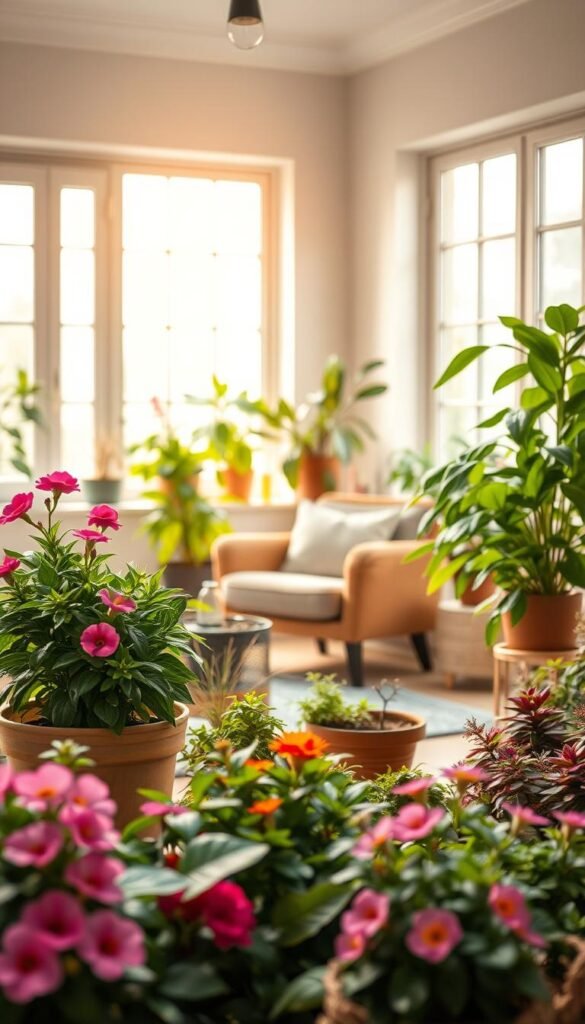 A well-lit indoor garden scene, showcasing the benefits of growing plants indoors. In the foreground, lush foliage and vibrant flowers flourish in various planters and pots, their colors and textures contrasting beautifully. The middle ground features a cozy seating area, with a comfortable armchair and a side table displaying a healthy potted plant. Warm, diffused lighting filters through large windows, casting a soft, natural glow across the space. The background depicts a tranquil, minimalist interior design, with clean lines and natural materials that complement the verdant greenery. The overall atmosphere exudes a sense of calm, wellness, and the harmonious integration of nature into the home environment.