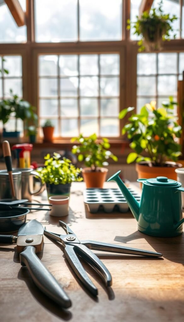 A well-lit indoor garden scene with an assortment of gardening tools neatly arranged on a wooden workbench. In the foreground, a pair of pruning shears, a trowel, and a small watering can cast soft shadows. In the middle ground, a potted plant and a small germination tray add a sense of lush greenery. The background features a large window allowing natural light to flood the space, creating a warm, inviting atmosphere. The overall composition conveys a sense of organization and attention to detail, perfectly suited for the "Mastering the Essential Tools and Equipment" section of the article.