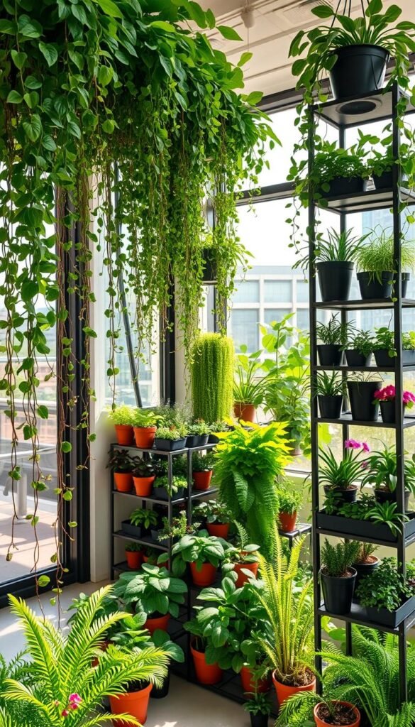 A well-lit indoor garden showcasing innovative vertical gardening techniques. In the foreground, lush hanging baskets and wall-mounted planters overflow with cascading vines and leafy greens. In the middle ground, tiered shelving units display an array of potted herbs, succulents, and flowering plants arranged in a visually-striking geometric pattern. The background features large windows that allow natural sunlight to flood the space, casting a warm glow over the vibrant, thriving greenery. The overall scene conveys a sense of urban tranquility and a harmonious balance between nature and modern living.