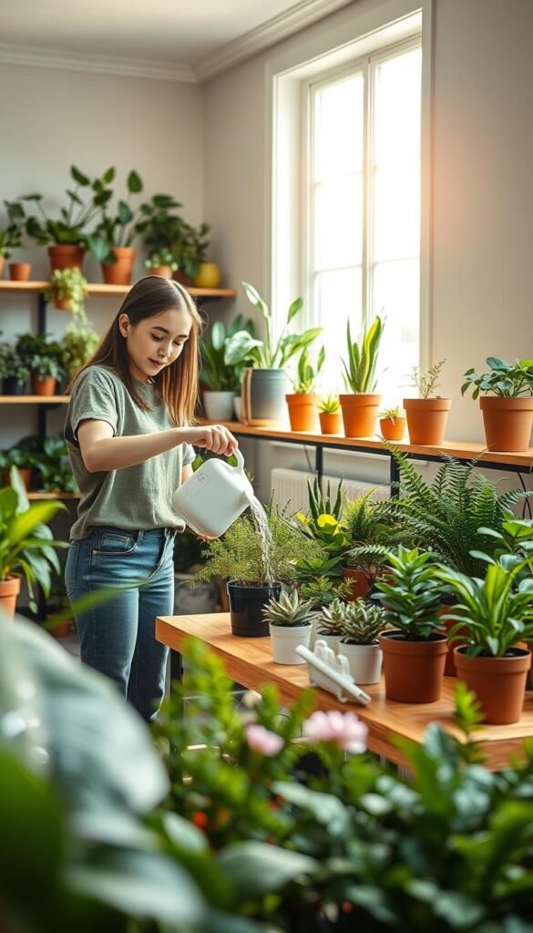 A well-lit, indoor garden with a variety of lush, thriving plants. In the foreground, a young woman in casual attire carefully waters a potted plant, her expression focused and nurturing. The middle ground features an assortment of potted succulents, ferns, and flowering plants arranged on sleek, wooden shelves. Soft, natural lighting filters in through a large window, casting a warm, inviting glow. The background showcases a cozy, minimalist room with neutral-toned walls and a sense of tranquility, emphasizing the calming nature of indoor plant care.