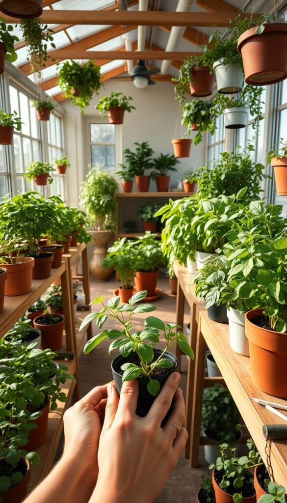 A well-lit indoor greenhouse filled with lush, vibrant herb plants in a variety of terra-cotta pots and planters of different shapes and sizes. The plants are strategically arranged on wooden shelves and hanging from the ceiling, creating a harmonious, garden-like atmosphere. In the foreground, a person's hands are shown potting a new herb plant, demonstrating a DIY herb gardening project. The lighting is soft and natural, with a warm, inviting glow. The background features a cozy, minimalist interior with large windows, allowing ample natural light to flood the space.