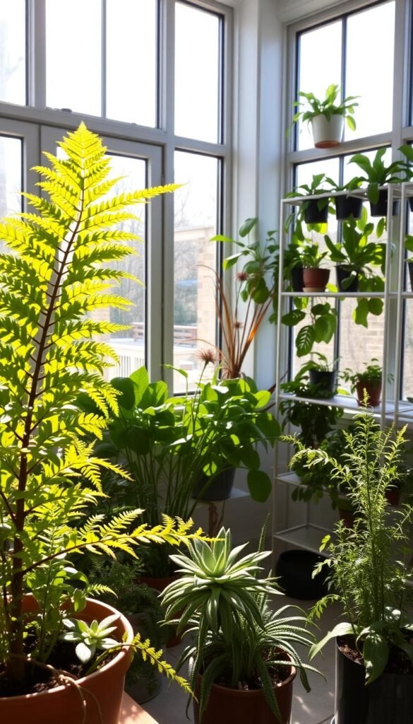 A well-lit indoor greenhouse, sunlight streaming through large windows, illuminating an array of thriving plants. In the foreground, a lush potted fern, its fronds gently swaying. Mid-ground, an array of succulents and herbs, basking in the warm, natural light. In the background, a sleek, minimalist plant stand, its shelves adorned with various leafy companions. The scene exudes a sense of tranquility and harmony, showcasing the optimal conditions for indoor plant growth during the winter months.