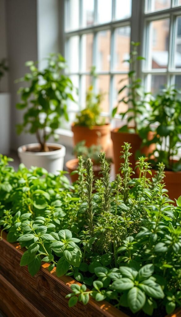 A well-lit indoor herb garden showcasing a carefully curated selection of thriving potted plants. In the foreground, a variety of lush, verdant herbs such as basil, rosemary, thyme, and oregano occupy a wooden planter box, their fragrant leaves gently swaying. In the middle ground, a few larger potted plants, like a vibrant mint or a sturdy bay laurel, stand tall, casting soft, naturalistic shadows. The background features a clean, minimalist interior, with large windows allowing ample natural light to flood the space, creating a warm, inviting atmosphere. The composition is balanced and visually appealing, capturing the essence of a small, thriving indoor herb garden.