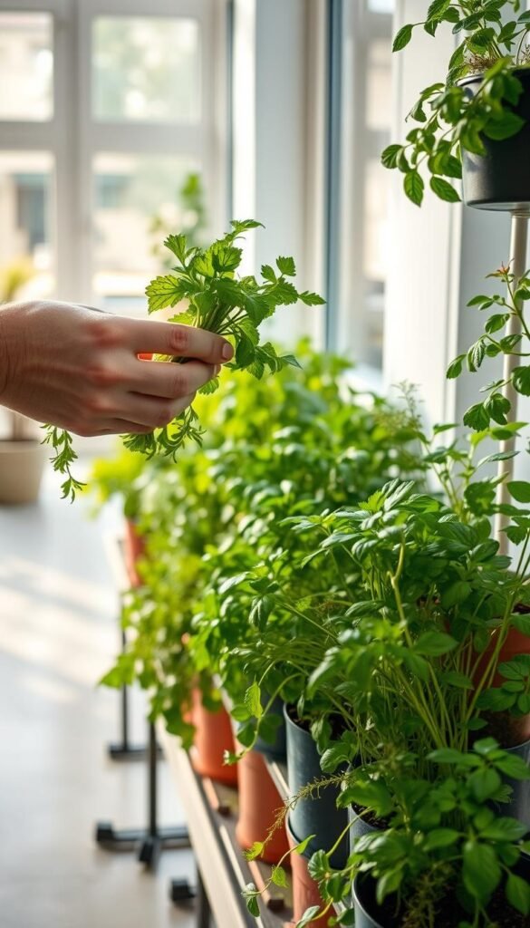 A well-lit indoor herb garden with a vertical layout, showcasing a detailed herb care routine. In the foreground, a person's hands tenderly pruning fresh herbs, their movements delicate and precise. In the middle ground, various potted herbs in different stages of growth, their lush foliage glistening with water droplets after a recent watering. The background features a clean, minimalist space with natural light streaming in through large windows, casting a warm, inviting glow over the scene. The overall atmosphere is one of tranquility and diligent care, highlighting the joy and satisfaction of maintaining a thriving indoor herb garden.