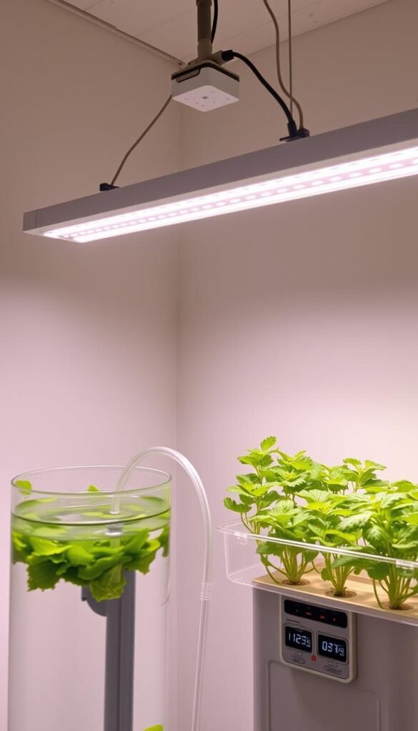 A well-lit indoor hydroponic garden setup, showcasing a modern LED grow light system suspended from the ceiling, casting an even, warm glow over a series of transparent grow trays filled with lush, vibrant greens. In the foreground, a transparent water reservoir is connected to the grow trays via a network of clear tubing, gently circulating nutrient-rich water to the plants' roots. The middle ground features a sleek, minimalist control panel with digital displays monitoring light intensity, water flow, and nutrient levels, allowing for precise management of the growing environment. The background softly fades into a clean, white-walled interior, emphasizing the sense of order and efficiency in this small-scale, high-yield indoor food production system.