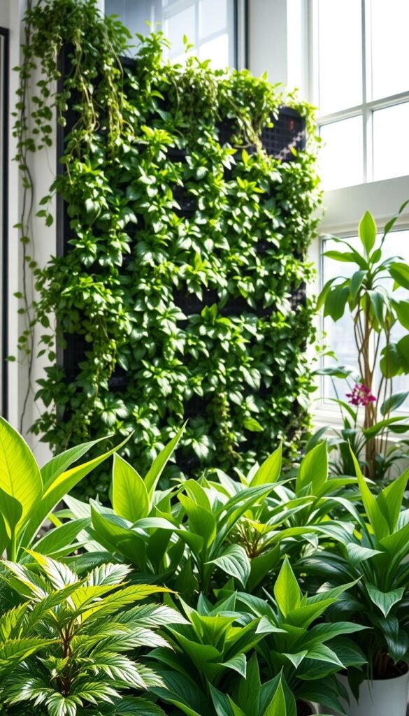 A well-lit indoor living wall in a bright, airy space. The foreground features a diverse selection of lush, thriving houseplants with vibrant foliage in a variety of shapes, textures, and shades of green, carefully arranged to create a visually captivating and harmonious composition. The middle ground showcases the intricate, modular living wall system, with its sleek, minimalist design seamlessly blending into the modern, minimalist interior. The background is filled with natural light streaming in through large windows, casting a warm, diffused glow over the entire scene and creating a serene, tranquil atmosphere.