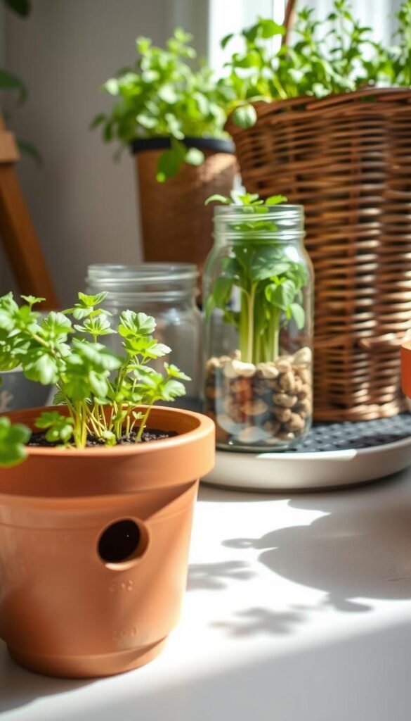 A well-lit indoor scene, showcasing an assortment of herb containers with various drainage solutions. The foreground features a terracotta pot with a built-in drainage hole, its soil lightly moist. In the middle ground, a glass jar with a layer of pebbles at the bottom acts as a natural drainage system. In the background, a wicker basket with a drainage tray underneath provides an elegant display for potted herbs. The lighting is soft and diffused, casting gentle shadows that accentuate the textures of the materials. The overall atmosphere is one of organization, functionality, and a touch of botanical charm, creating a visually appealing setup for an indoor herb garden.