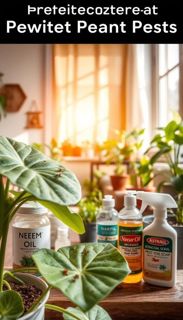 A well-lit indoor scene, showcasing various methods for preventing plant pests. In the foreground, a close-up of a houseplant's leaves, meticulously inspected for signs of infestation. In the middle ground, a selection of natural pest control tools, such as neem oil, insecticidal soap, and sticky traps. The background depicts a cozy, sunlit room, with potted plants thriving in the warm, inviting atmosphere. The lighting is soft and diffused, creating a sense of tranquility and care. The overall composition emphasizes the importance of diligent monitoring and proactive pest management for maintaining a healthy, thriving indoor garden.