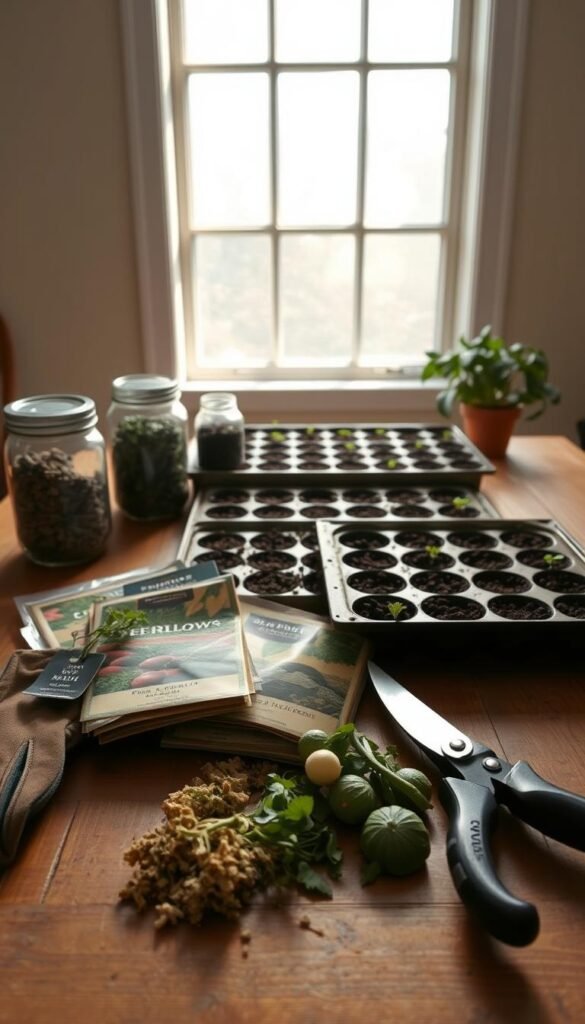 A well-lit indoor scene showcasing various seed preparation techniques. In the foreground, a wooden table holds a selection of heirloom vegetable seeds in different packets and jars. Beside them, a pair of gardening gloves, a pair of pruning shears, and a small trowel are neatly arranged. In the middle ground, a vintage seed starting tray filled with nutrient-rich soil and neatly spaced starter cells. Soft, natural light filters in through a large window, casting a warm glow over the scene. The background features a simple, neutral-toned wall, allowing the focus to remain on the seed preparation process. The overall atmosphere is one of organization, attention to detail, and the anticipation of a bountiful vegetable garden to come.