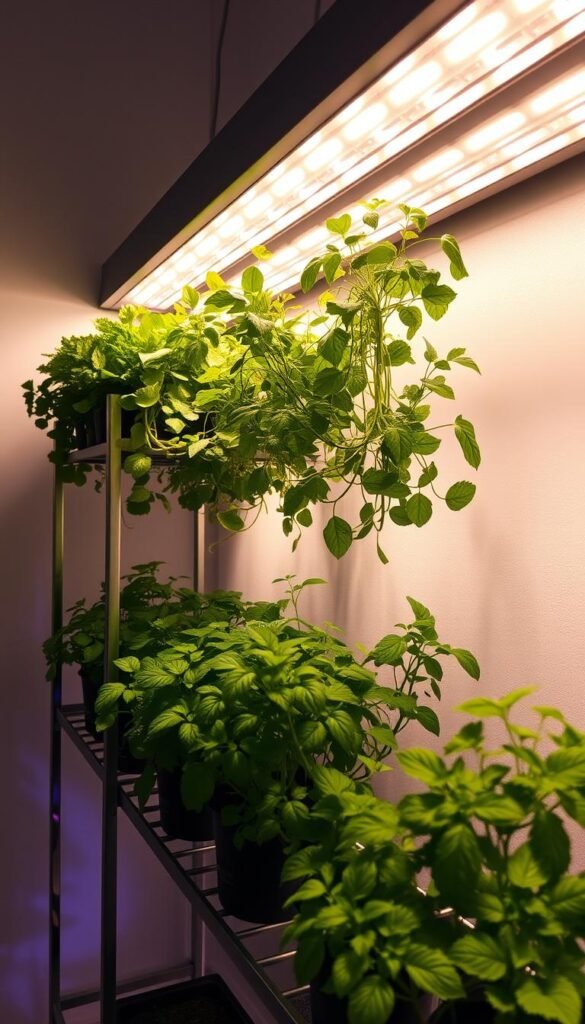A well-lit indoor vertical herb garden, showcasing an elegant lighting setup. A sleek, modern metal shelving unit in the foreground, holding various thriving herb plants. Soft, directional lighting from above bathes the lush greenery in a warm, natural glow, casting gentle shadows that accentuate the textures of the leaves. In the middle ground, a subtle array of LED grow lights positioned at strategic angles, ensuring even illumination and optimal growth conditions. The background features a minimalist, neutral-toned wall, allowing the vibrant colors of the herbs to take center stage. The overall scene exudes a sense of tranquility and efficiency, perfectly suited for an urban indoor gardening setup.