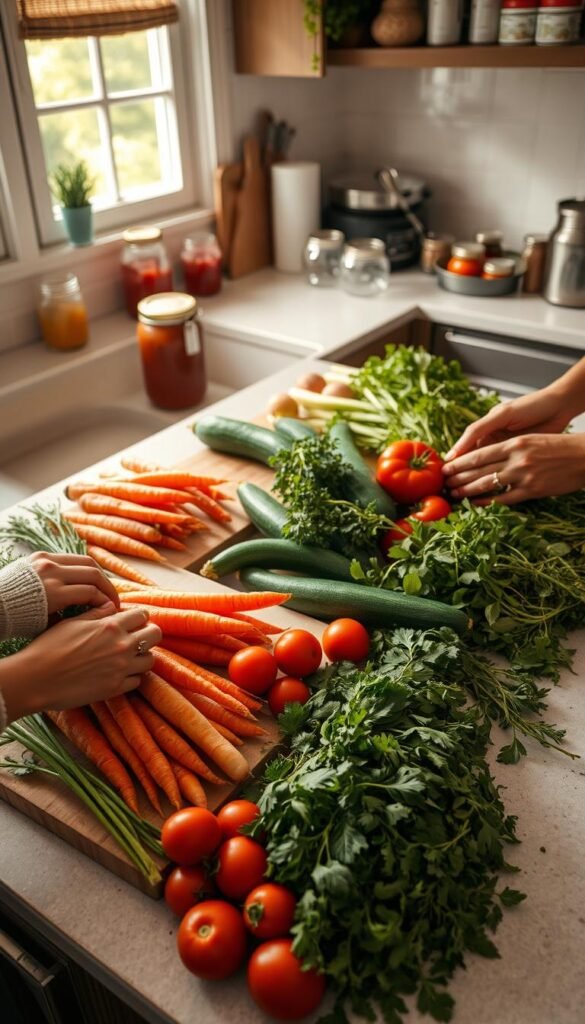 A well-lit kitchen counter, a cutting board surrounded by freshly harvested garden produce - carrots, zucchini, tomatoes, and herbs. Hands carefully trimming, washing, and arranging the vegetables in neat piles, preparing them for storage. Warm, natural lighting from a nearby window casts a soft glow, highlighting the vibrant colors and textures of the produce. In the background, jars, canning supplies, and other kitchen tools suggest the next steps in the preservation process. The scene conveys a sense of diligence, care, and the satisfaction of a bountiful harvest ready to be savored in the months ahead.