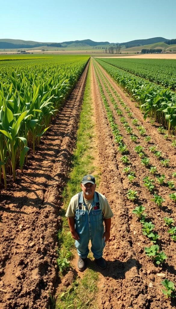 A well-lit, large-scale agricultural field, with a clear division down the middle. On the left, a no-till section with lush, verdant crops standing tall, their leaves glistening in the warm sunlight. On the right, a traditional tilled section, the soil freshly turned, the crops smaller and less vibrant in comparison. In the foreground, a farmer stands, observing the contrasting yields, a pensive expression on their face. The background is filled with rolling hills and a bright, cloudless sky, creating a sense of pastoral tranquility. The image is captured with a wide-angle lens, emphasizing the scale and scope of the experiment, inviting the viewer to compare the two farming methods side-by-side.
