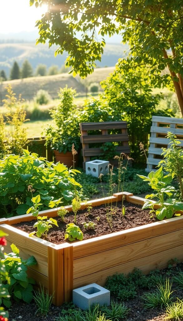 A well-lit, meticulously designed raised garden bed nestled in a lush, verdant landscape. The bed's sturdy wooden frame stands in the foreground, its soil-filled interior brimming with thriving vegetables and herbs. Sunlight filters through the surrounding foliage, casting a warm, inviting glow over the scene. In the middle ground, various budget-friendly materials such as pallets and cinder blocks are artfully incorporated, showcasing their versatility and cost-effectiveness. The background features a serene, tranquil setting, with rolling hills or a peaceful garden scene, emphasizing the natural harmony of the raised bed. The overall composition conveys the benefits of using budget-friendly materials to create a productive and visually appealing raised garden bed.