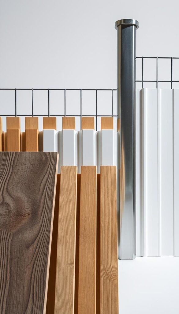 A well-lit, meticulously detailed still life showcasing a diverse array of fencing materials. In the foreground, weathered wooden planks, their natural grain and texture prominently displayed. Alongside them, sleek, glossy vinyl panels catching the light, their smooth surfaces unmarred. In the middle ground, sturdy metal posts and rails, their industrial lines and silver hues contrasting with the organic materials. The background is a clean, minimalist setting, allowing the materials to take center stage. The lighting is soft and even, casting gentle shadows that accentuate the tactile qualities of each material. The overall composition is balanced and aesthetically pleasing, inviting the viewer to closely examine the unique properties and visual appeal of these versatile fencing options.
